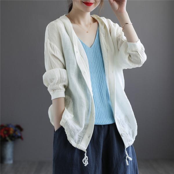 カーディガン | レディース 無地 UVカットー ライトアウター 秋コーデ 40代50代 きれいめ カジュアル フード付き エレガント 大きいサイズ 20代30代 麻混 秋服
