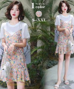 ミディアム | ワンピース レディース 花柄 きれいめ 重ね着風 おしゃれ 上品 夏 新作 ひざ上 ショート丈 カジュアル ミニワンピース 20代 40代 お出かけ 大人 30代 半袖