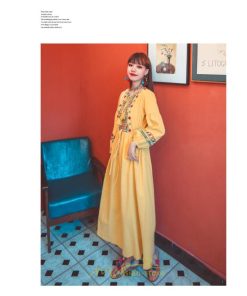 マキシ | ワンピース 長袖 ハイウエスト 綿麻 コットン リネン ロング ロング丈 Aライン ワンピ レディース 着痩せ 体型カバー 丸首 白 黄色 赤 通勤 Vネック 刺繍