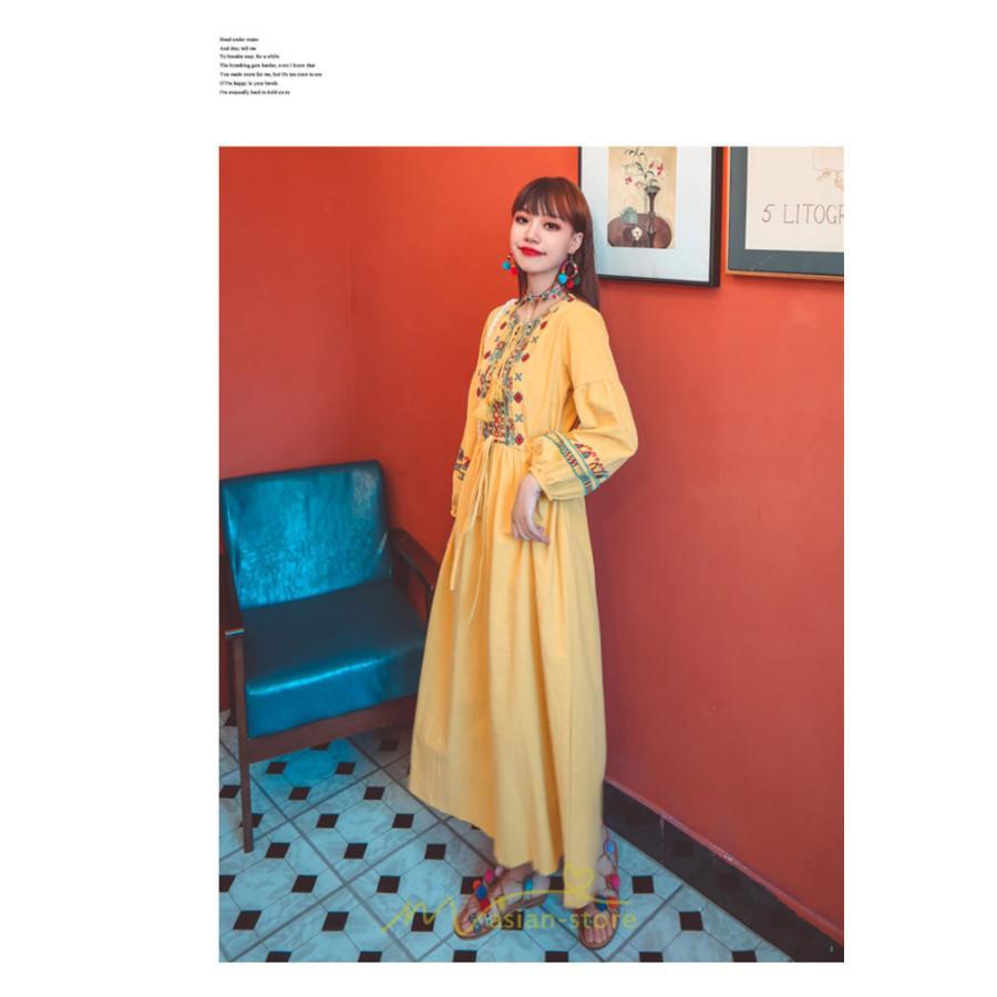 マキシ | ワンピース 長袖 ハイウエスト 綿麻 コットン リネン ロング ロング丈 Aライン ワンピ レディース 着痩せ 体型カバー 丸首 白 黄色 赤 通勤 Vネック 刺繍