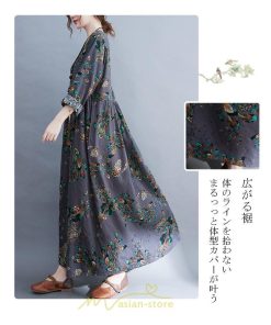 マキシ | ワンピース レディース 長袖 ロング カジュアル 花柄プリント 大きいサイズ  ぽっちゃり 着痩せ 上品 新作 丸首 秋 Aライン 夏 20代30代40代50代 レトロ風