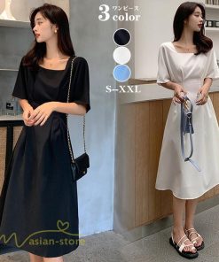 ミディアム | ワンピース レディース 春 夏 半袖 サマーワンピース 着痩せ 無地 カジュアル 大きいサイズ 上品 Aラインワンピース 大人 韓国風 通学 シフォン お出かけ 通勤