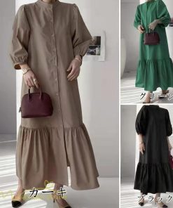 マキシ | シャツワンピース 7分袖 無地 切り替え モックネック シンプル レディース カジュアルワンピース 秋コーデ マーメイドワンピ 前開き Aライン 大きいサイズ 秋