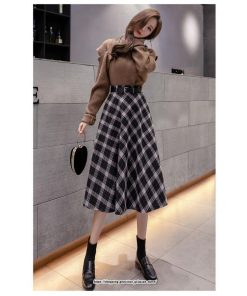 スカート | ロングミモレ レディース フレア Aライン ハイウエスト おしゃれ ゆったり ひざ下 体型カバー チェック柄 ラシャ ベルト付き 30代 20代 40代