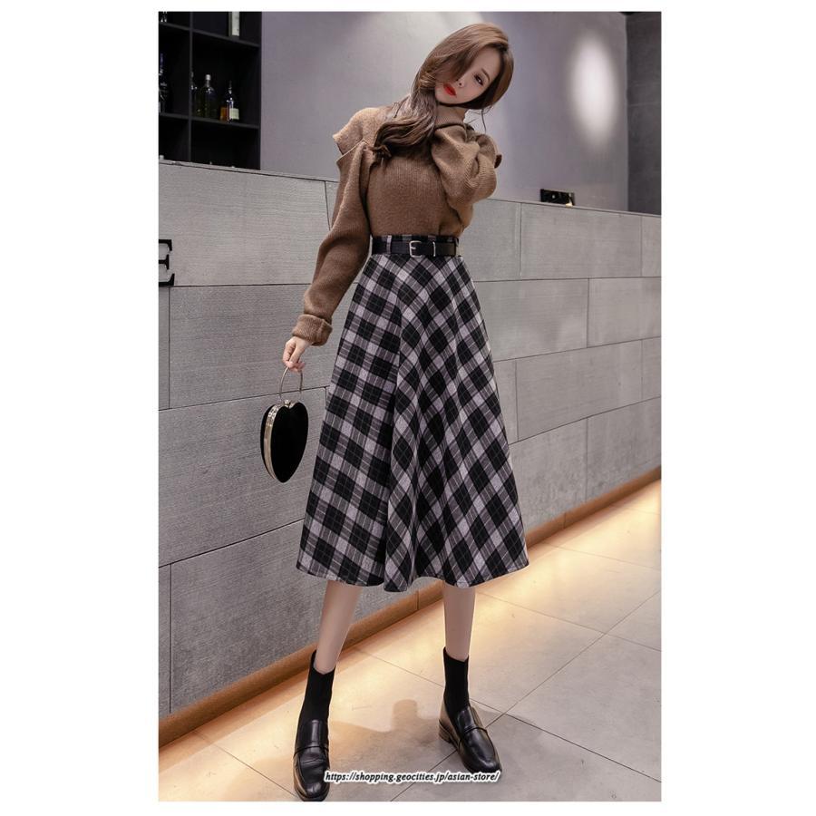 スカート | ロングミモレ レディース フレア Aライン ハイウエスト おしゃれ ゆったり ひざ下 体型カバー チェック柄 ラシャ ベルト付き 30代 20代 40代