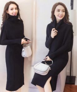 在庫ある | 短納期ニットワンピース ニットトップス 2点セット セットアップ タイトワンピース 裾スリット ハイネックショート丈トップス 長袖 シルエット OL カットソー