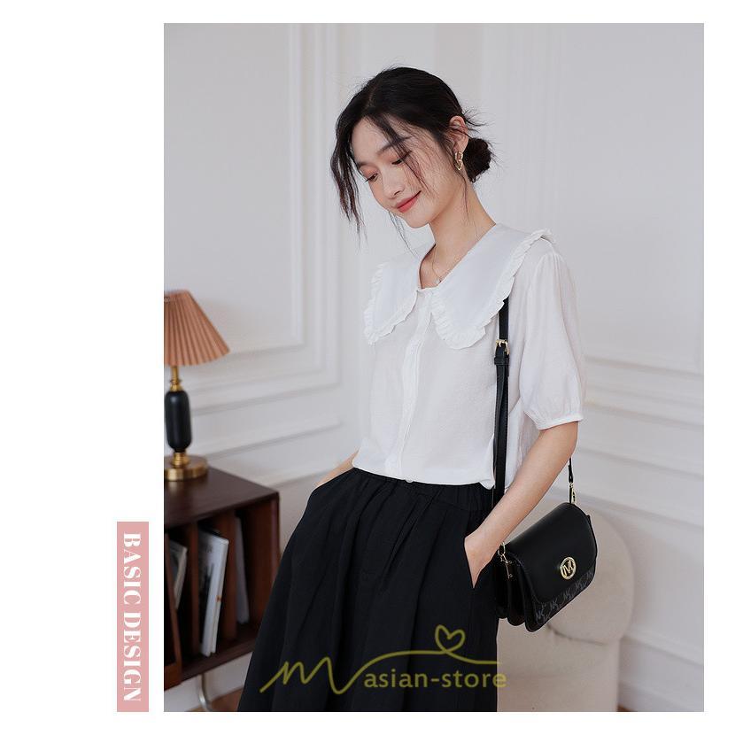 シャツ・ブラウス | ブラウス シフォン トップス レディース 白 紫 夏ブラウス シフォンブラウス 半袖 オフィス 春夏 クルーネック お出かけ 着痩せ 華奢見え フリル