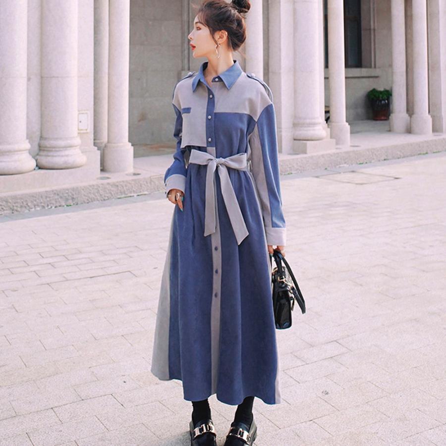 オールインワン | 長袖 ロング ウエストマーク ワンピース ミモレ丈 体型カバー ワンピース 着やせ 春秋 シャツワンピース おしゃれ レディース