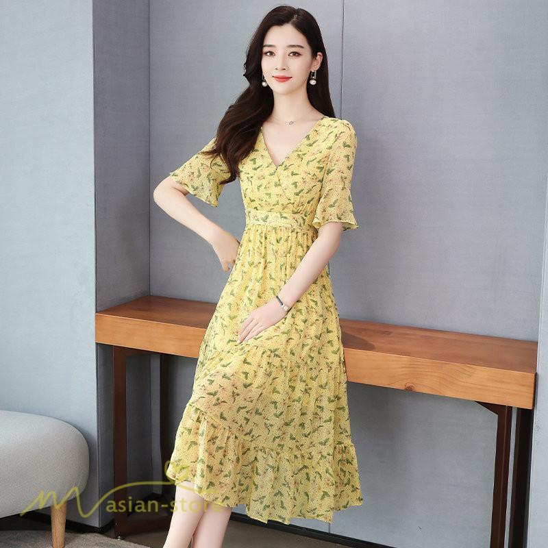 ミディアム | ワンピース Aライン レディース 着痩せ 上品 カジュアル Vネック カジュアル 春 夏 花柄 きれいめサマー ワンピース 通勤 通学 ソフト 膝丈 大人 お出かけ