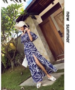 在庫ある | 短納期シフォンロングワンピース フレアビーチワンピ スリットセクシーワンピース ボヘミアワンピ ボートネック 半袖 海 エレガント 着痩せ Aライン フェミニン