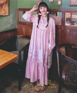 マキシ | ロングワンピース レディース  夏 秋 リゾート ルームワンピース 長袖 ゆったり ロング丈 旅行用 バブルスリーブ かわいい 後ボタン付き レトロ風 丸首