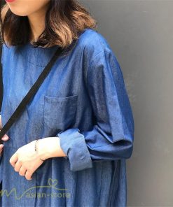 デニムワンピース | ゆるワンピース レディース デニム 長袖 レトロ風 可愛い Aラインワンピース フリーサイズ 丸首 体型カバー おしゃれ 秋 コーデ ゆったり