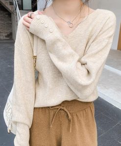 ニット・セーター | ボタン飾り 秋冬 無地 ニットトップス レディース 長袖 ニットセーター シンプルニット プルオーバー きれいめ Vネック