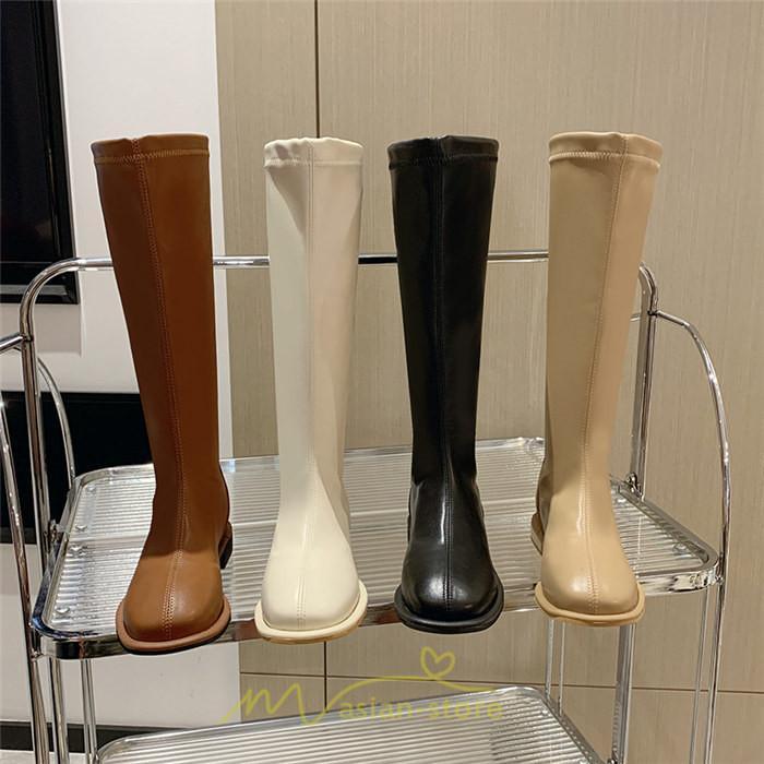 ロングブーツ | レディース ロング丈 太ヒール スクエアトゥ トレンド PU 黒 シンプル コスプレ 美脚 おしゃれ 歩きやすい 履きやすい 滑にくい かわいい