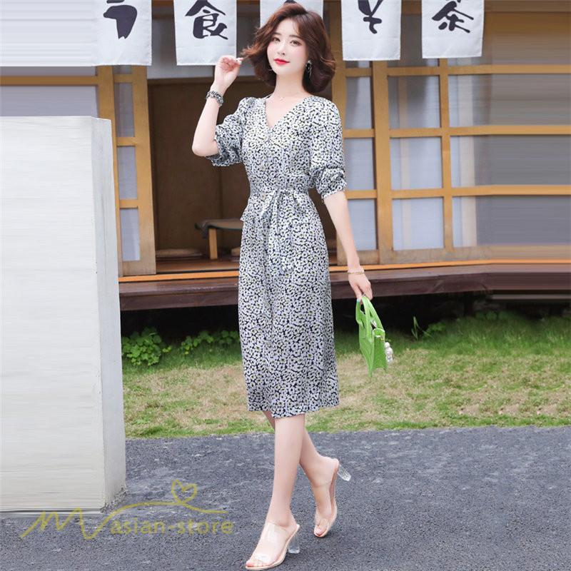 ミディアム | ワンピース レディース 着痩せ 花柄 Vネック 半袖 膝丈 サマーワンピース きれいめ エレガント 30代 40代 50代 大人 春 薄手 ひざ丈 お出かけ 上品 夏 デート