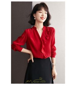 シャツ・ブラウス | ブラウス レディース シャツ トップス 赤 長袖シャツ 無地 オフィス カジュアル おしゃれ シフォン 通勤 フリル 可愛い オシャレ キレイめ ナチュラル 上品