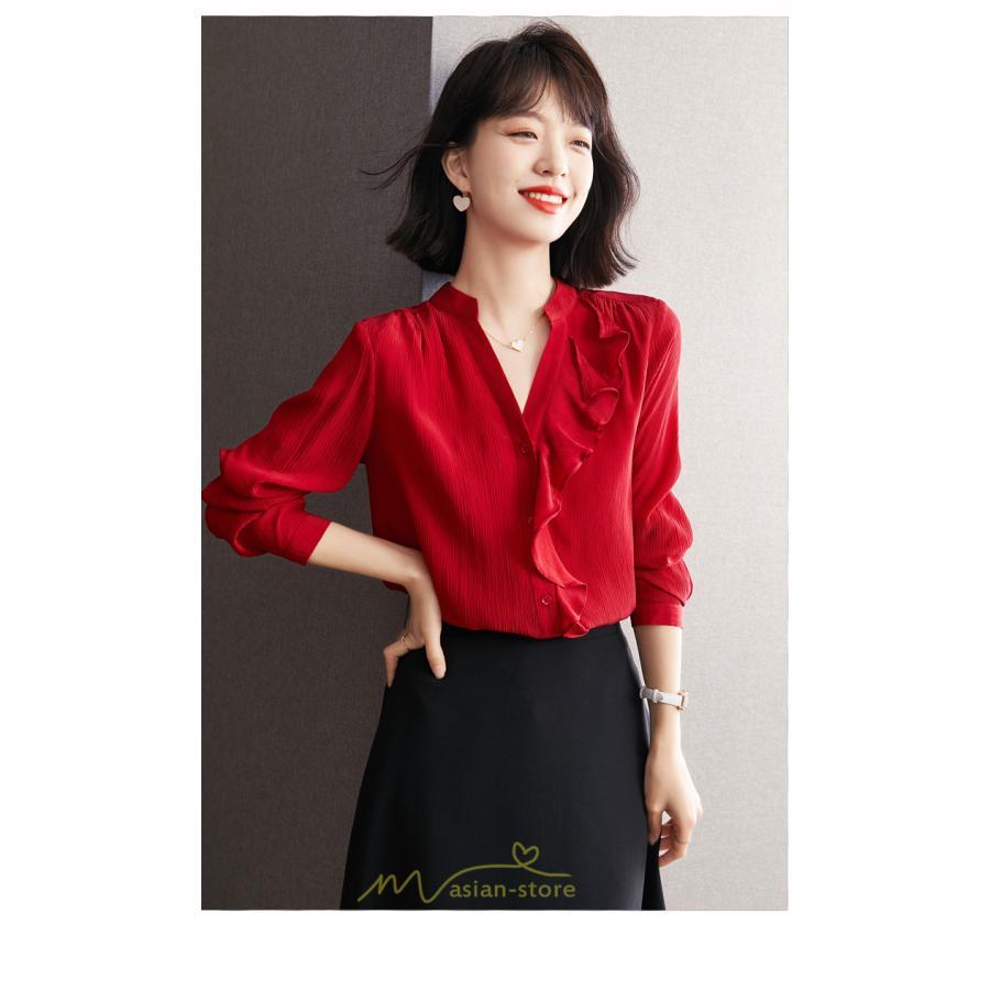 シャツ・ブラウス | ブラウス レディース シャツ トップス 赤 長袖シャツ 無地 オフィス カジュアル おしゃれ シフォン 通勤 フリル 可愛い オシャレ キレイめ ナチュラル 上品