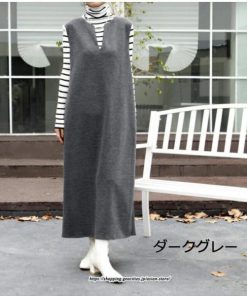 マキシ | ワンピース ジャンパースカート ジャンスカ 深Vネック ロングワンピース Vネック 】 ウール混深Vネックジャンスカ スリット入り【