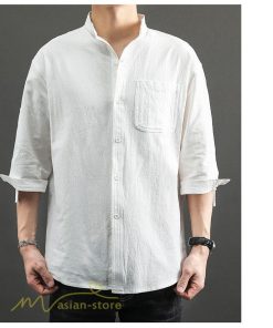 シャツ | 夏メンズ 麻 綿 カジュル 7分丈 カッコイイ ワイドゆったり 夏コーデ 新作 サマー風 スタンドカラー 日常感 無地 5XL ボタン 上品 大きいサイズ