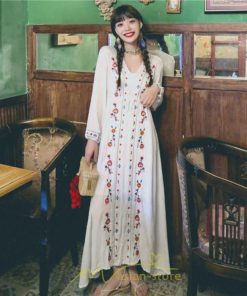 マキシ | ワンピース レディース ロング丈 サマードレス 花柄 リゾートワンピ Aライン 長袖 体型カバー ママ 大人 ゆったり 夏秋 Ｖネック 着痩せ 綿麻 刺繍 旅行 SNS映え