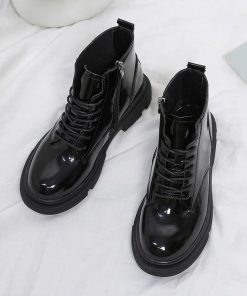 ショートブーツ | ラウンドトゥレディース サイドファスナー レースアップ 厚底シューズ 滑り止めソール チャンキーヒール 太ヒール シューズ ブーツ 厚底 黒