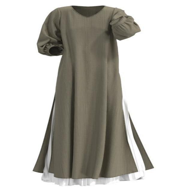 セットアップ | 秋ワンピース 長袖 無地 マキシワンピース Vネック 可愛い 2点セット フリーサイズ グリーン 大人 体型カバー 秋コーデ Aライン プリーツスカート