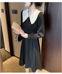 ミディアム | Aラインワンピース 秋コーデ レディース 長袖 膝丈ワンピース 腰リボン付き 美ライン シルエット 無地 フォーマル お呼ばれ 大人 オフィス 黒ワンピース