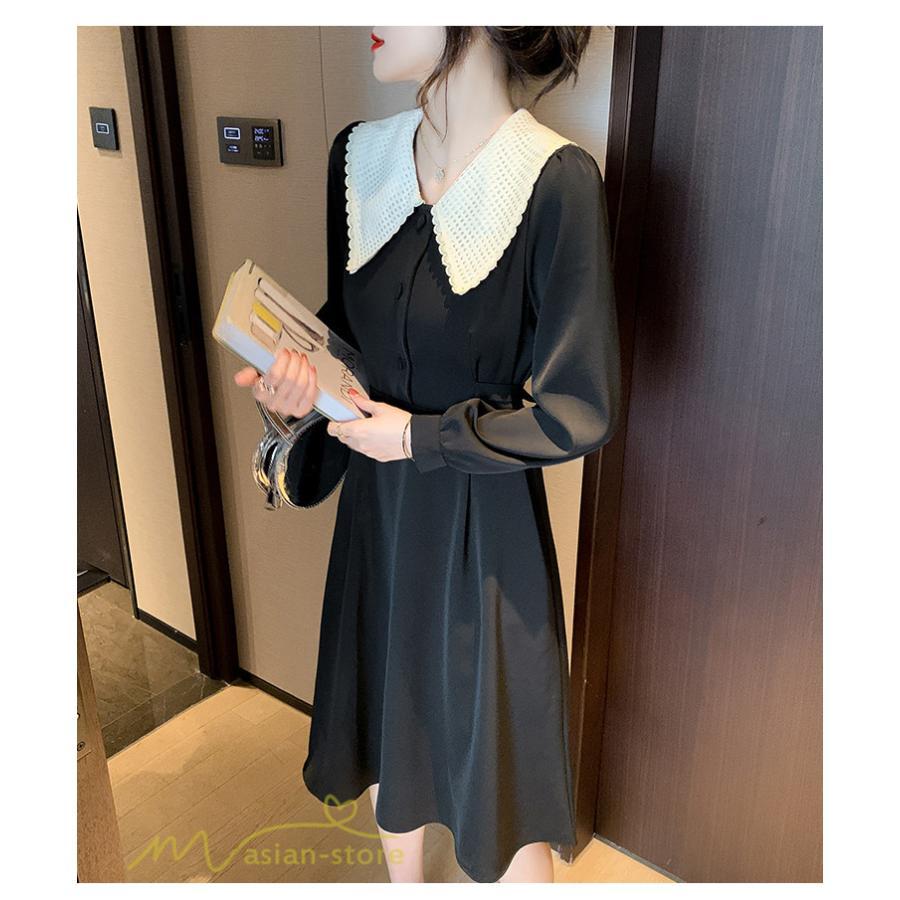 ミディアム | Aラインワンピース 秋コーデ レディース 長袖 膝丈ワンピース 腰リボン付き 美ライン シルエット 無地 フォーマル お呼ばれ 大人 オフィス 黒ワンピース