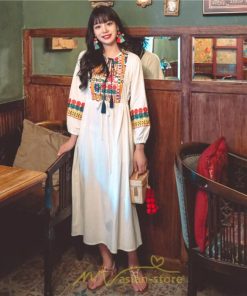 マキシ | ワンピース 個性的 ロングワンピース 細見えワンピース エスニック 綿麻 リゾート ワンピ 長袖 刺繍 カジュアル 大人 春夏秋 きれいめ 上品 ゆったり 体型カバー