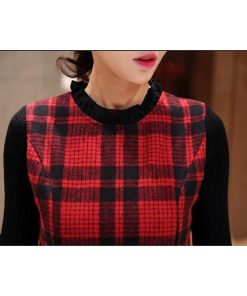 ニットワンピース | 即日秋冬 切り替え チェック柄 ドッキングワンピース ニット セーター 長袖 Aライン 20代30代 クルーネック 大人 可愛い 膝上丈