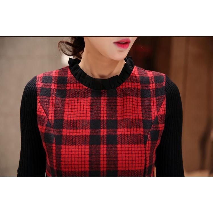 ニットワンピース | 即日秋冬 切り替え チェック柄 ドッキングワンピース ニット セーター 長袖 Aライン 20代30代 クルーネック 大人 可愛い 膝上丈