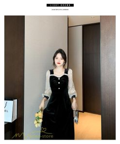 ミディアム | Aラインワンピース 秋コーデ レディース 長袖 切り替え ビロード 膝丈ワンピース 美ライン シルエット 無地 黒ワンピース オフィス フォーマル 大人 お呼ばれ