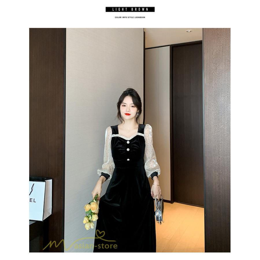 ミディアム | Aラインワンピース 秋コーデ レディース 長袖 切り替え ビロード 膝丈ワンピース 美ライン シルエット 無地 黒ワンピース オフィス フォーマル 大人 お呼ばれ