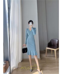 ニットワンピース | ニット ワンピース ロング Vネック ニットワンピ 長袖 ブラック 2022秋冬 ブルー マーメイド フリル セクシー 通勤 おしゃれ キレイめ ミモレ丈 上品