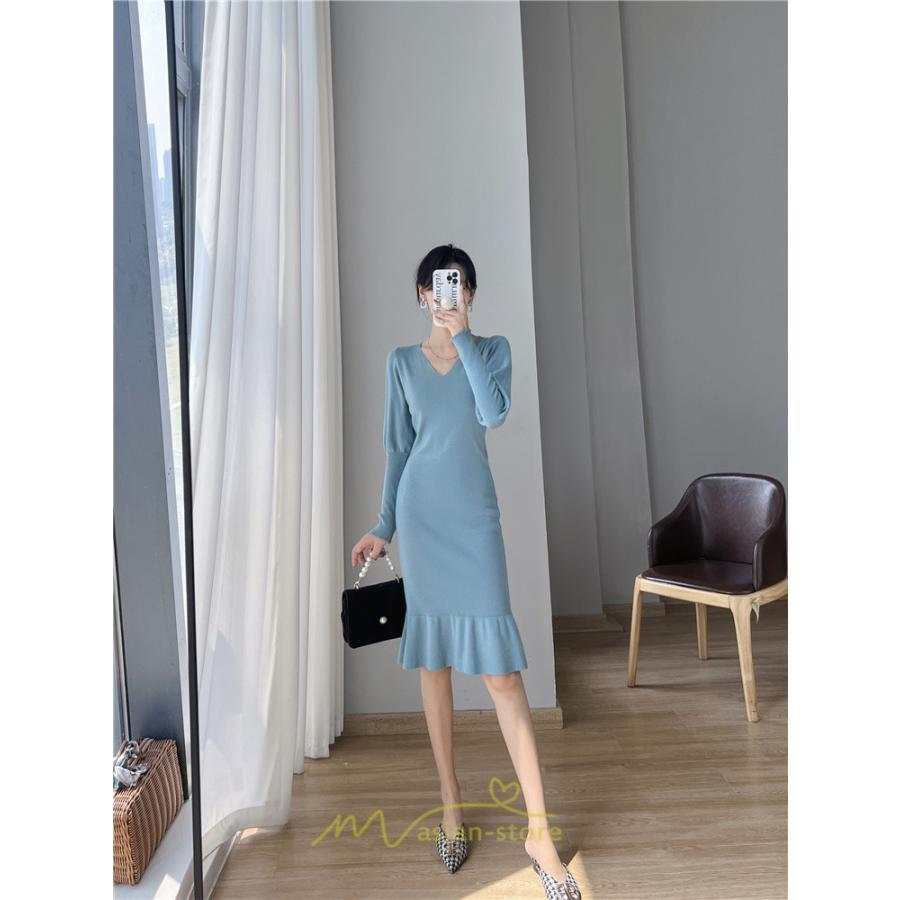 ニットワンピース | ニット ワンピース ロング Vネック ニットワンピ 長袖 ブラック 2022秋冬 ブルー マーメイド フリル セクシー 通勤 おしゃれ キレイめ ミモレ丈 上品