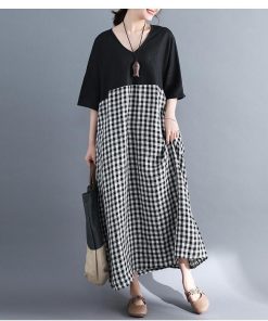 在庫ある | 短納期ロングリネンAラインワンピース ゆったりチェックワンピース 切り替えドッキングワンピ レディース 薄手 春夏衣装 通学通勤 オフィス カジュアル 海