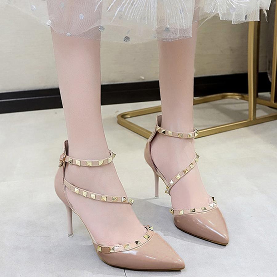 サンダル | レディース エレガント ハイヒール リベット ポインテッドトゥ ピンヒール アンクルストラップ シューズ 痛くない パンプス