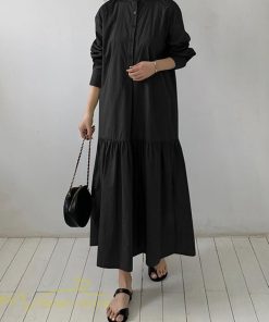 マキシ | シャツワンピース モックネック レディース 無地 長袖 切り替え Aラインワンピース 20代30代 フリーサイズ 春 ゆるワンピース コーデ 40代50代 秋 体型カバー