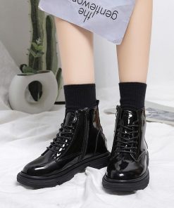 ショートブーツ | ラウンドトゥレディース サイドファスナー レースアップ 厚底シューズ 滑り止めソール チャンキーヒール 太ヒール シューズ ブーツ 厚底 黒