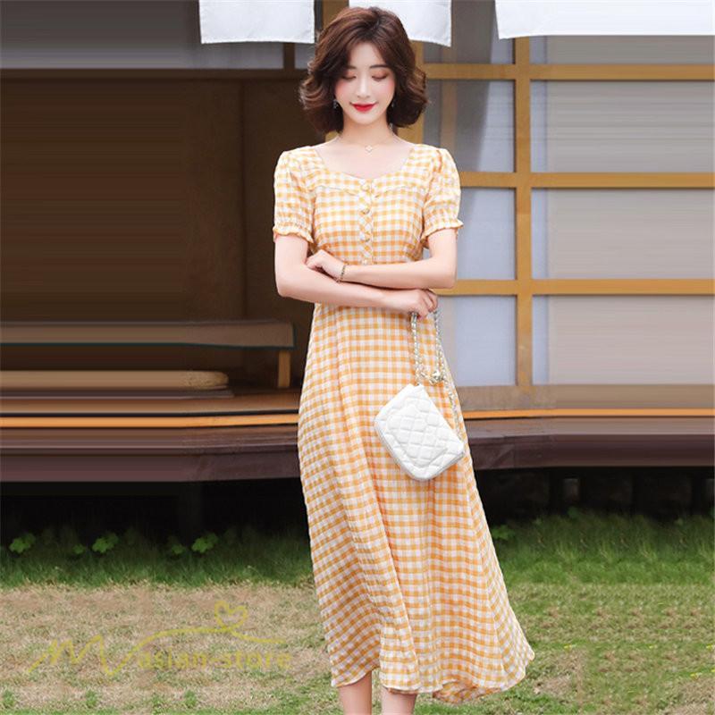 マキシ | ワンピース レディース チェック柄 きれいめ おしゃれ ゆったり ロング丈 着痩せ 春 夏 着痩せ ロングワンピース 上品 韓国風 バックファスナー エレガント