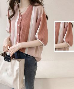 シャツ・ブラウス | ブラウス レディース 五分袖 薄手 ストライプシャツ トップス 羽織り 前開き 可愛い Vネック 40代 ブラウスシャツ 夏服 大人 20代30代