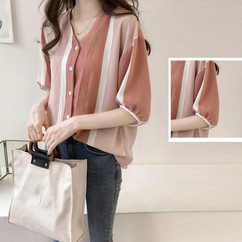 シャツ・ブラウス | ブラウス レディース 五分袖 薄手 ストライプシャツ トップス 羽織り 前開き 可愛い Vネック 40代 ブラウスシャツ 夏服 大人 20代30代