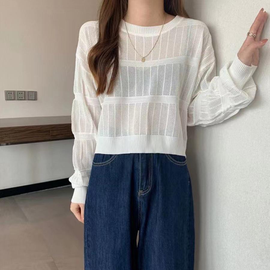 透かし編みトップス | 透かし編み 長袖ニットトップス 韓国風