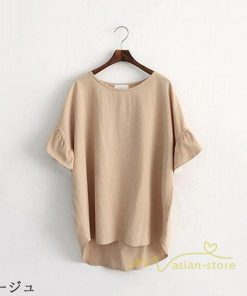 送料無料SALE | Tシャツ レディース 綿麻 ロングｔ 無地 トップス 可愛い フレア袖 ｔシャツ 半袖 ティー 丸ネック 女っぽい シンプル 30代40代 プルオーバー カジュアル 大人