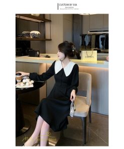 ミディアム | Aラインワンピース 秋コーデ レディース 長袖 膝丈ワンピース 腰リボン付き 美ライン シルエット 無地 フォーマル お呼ばれ 大人 オフィス 黒ワンピース