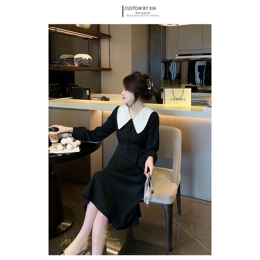 ミディアム | Aラインワンピース 秋コーデ レディース 長袖 膝丈ワンピース 腰リボン付き 美ライン シルエット 無地 フォーマル お呼ばれ 大人 オフィス 黒ワンピース