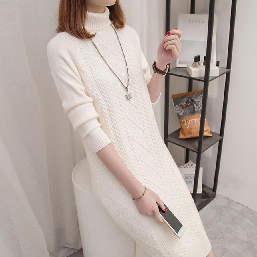 ワンピース | ロング長袖 レディース ケーブルニット タートルネック 厚手 ざっくり ニット