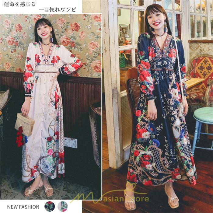 マキシ | マキシワンピース レディース ロング丈 大人 ワンピ 花柄 夏秋 Vネック カジュアル 着やせ きれいめ 撮影 人気 二次会 パーティー 通気 ゆったり 夏秋服