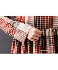 マキシ | チェック柄ワンピースリネン風 長袖ワンピース 30代レディース秋物長袖 綿麻風 ゆったり ゆるシルエット 大人 可愛い 通学通勤 リネンワンピ チェック柄 50代