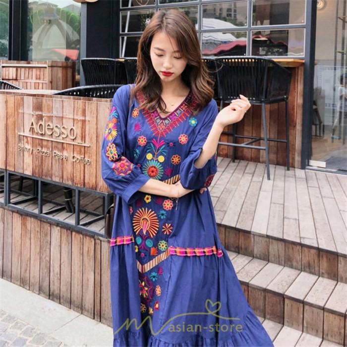 マキシ | ワンピ ワンピース ロング丈 七分袖 レディース 大人 おしゃれ きれいめ お出かけ 大人可愛い 白 青 赤 春夏秋 旅行 20代30代40代 民族風 オレンジ 海